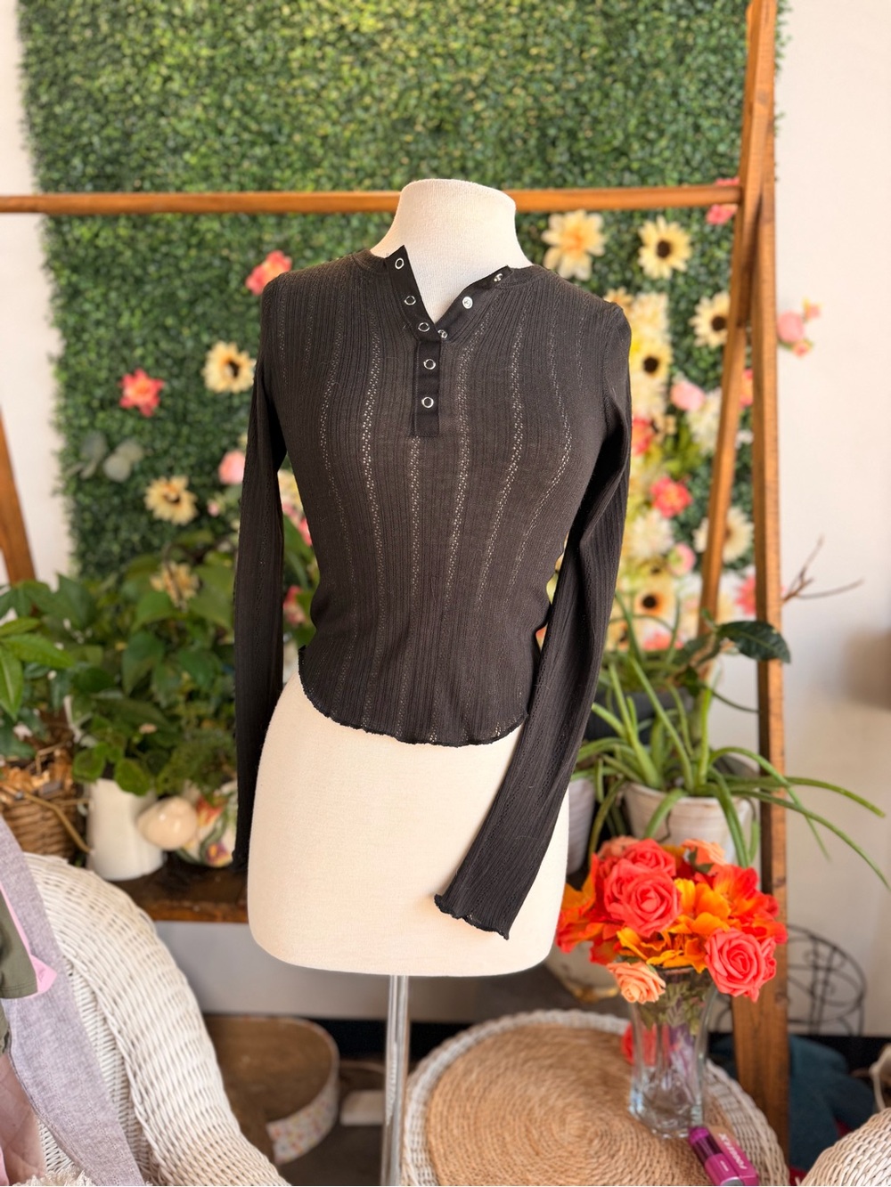 wild fable Black Ribbed Henley Long Sleeve Top